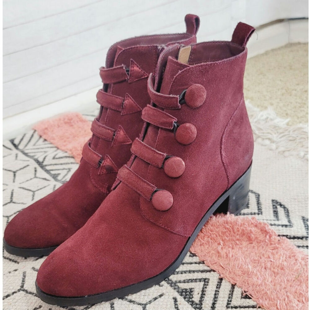 SUNDANCE BUTTONED UP CRANBERRY SUEDE BOOTIES, SZ 7/7.5 US-38/EU